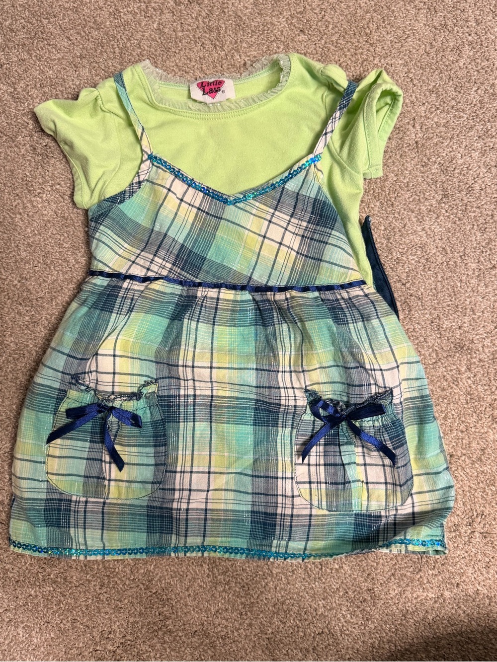Little Lass Green and Teal Plaid Sundress with Sequin Trim